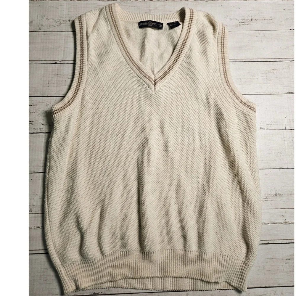 Cape Isle‎ Knitters Cream Cotton Popcorn Knit Sweater Vest V-Neck Preppy M